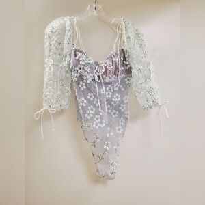 For Love & Lemons VS Pastille Embroidered Floral Women Blouse L Bodysuit